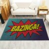 Bazinga Big Bang Theory rug on a living room floor, placed in front of a couch