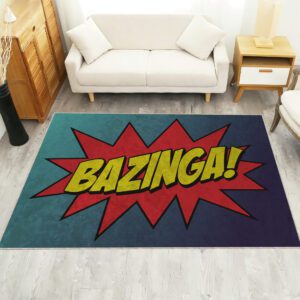 Bazinga Big Bang Theory rug on a living room floor, placed in front of a couch