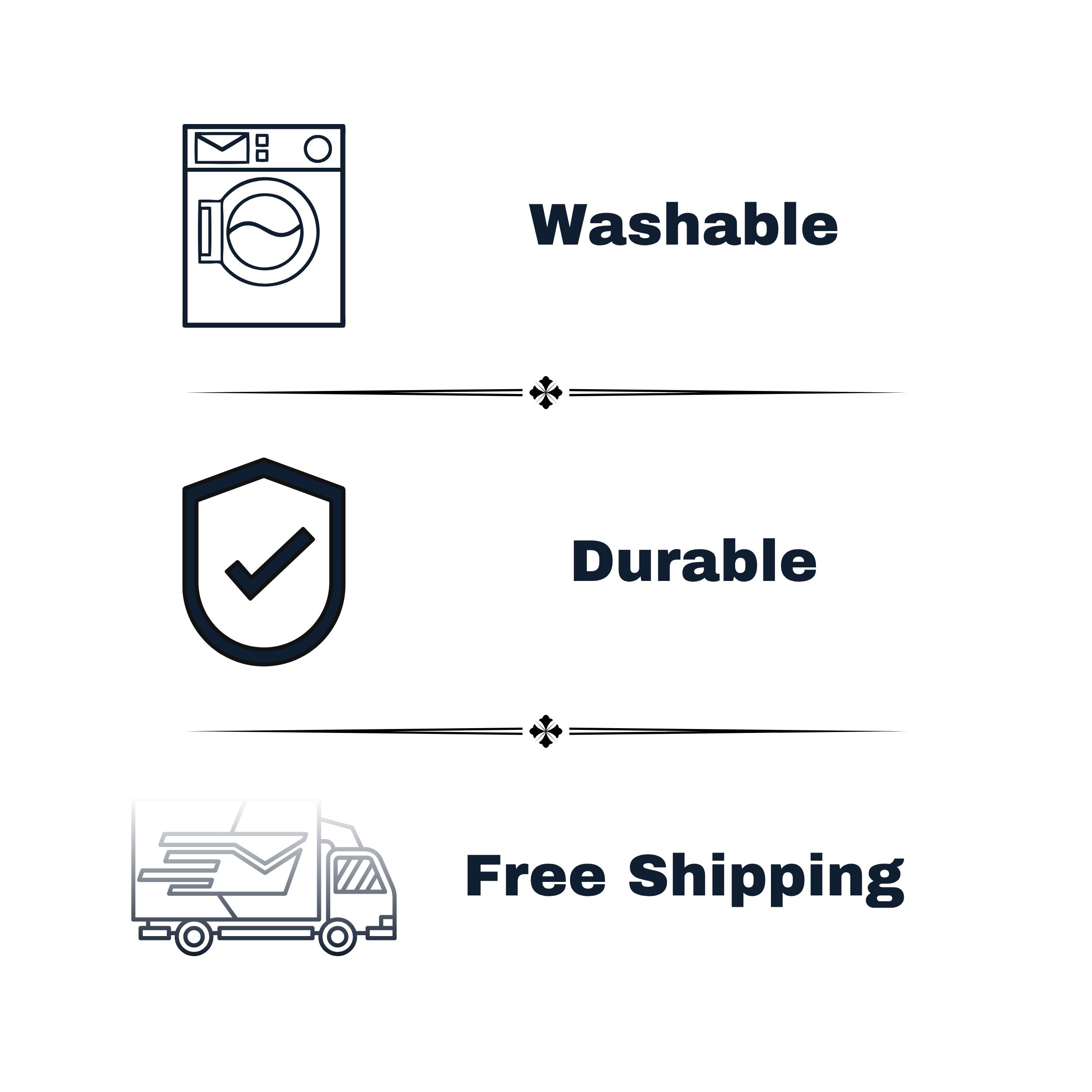 image showing product features such as washable, durable and free shipping