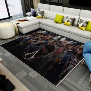Assassin's Creed rug in front of a sofa, featuring detailed artwork and the game logo