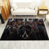 Assassin's Creed rug in front of a sofa, featuring iconic game artwork and logo
