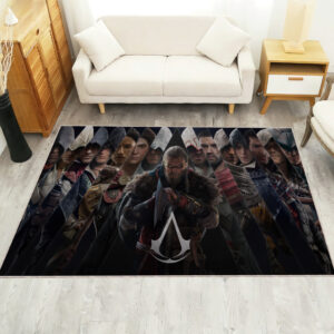 Assassin's Creed rug in front of a sofa, featuring iconic game artwork and logo