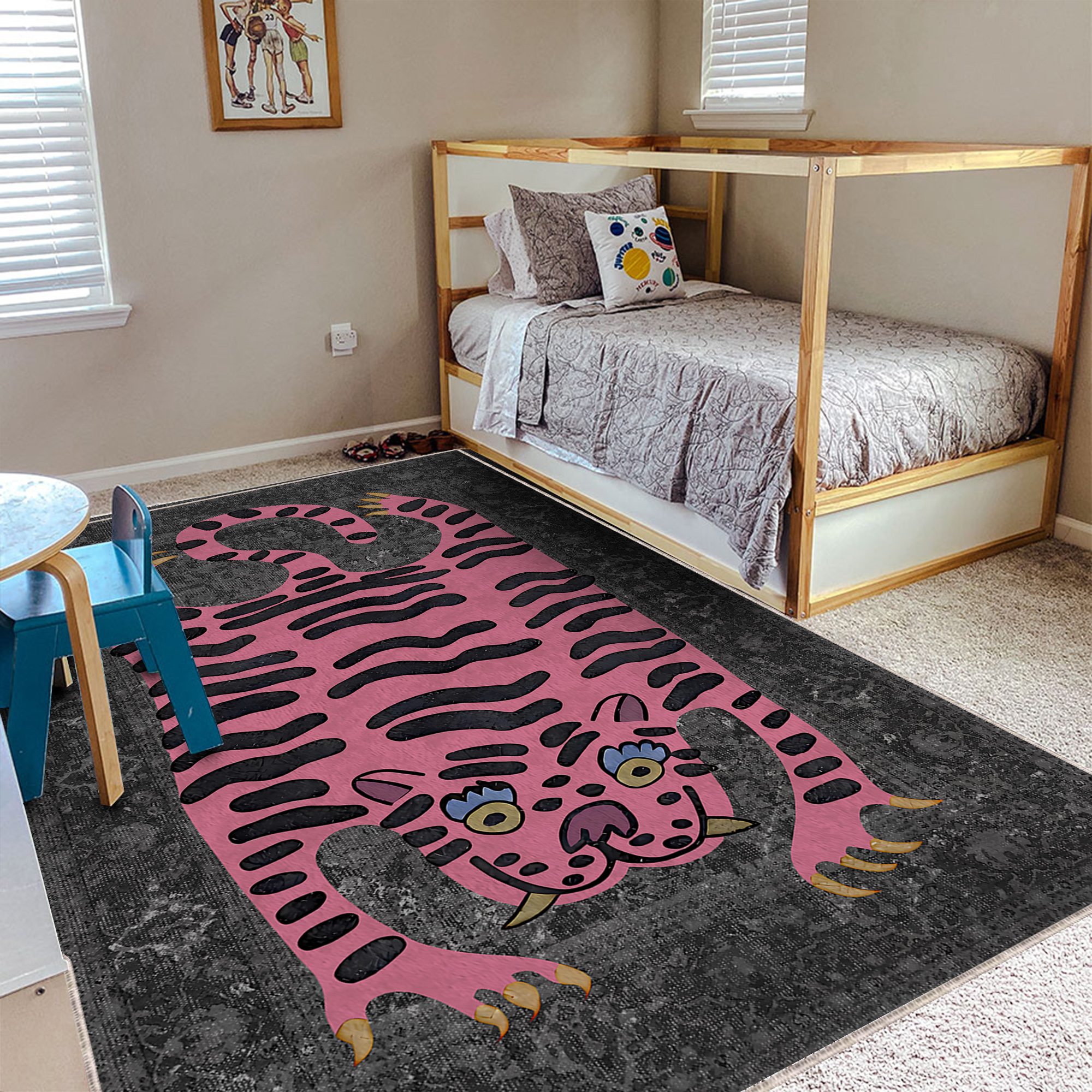 Cute Pink Tiger rug in front of a sofa, featuring a vibrant and playful tiger design