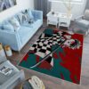 Demon Slayer rug in front of a sofa, featuring characters and artwork from the anime