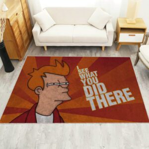 Futurama “I See What You Did There” rug on a living room floor, in front of a sofa