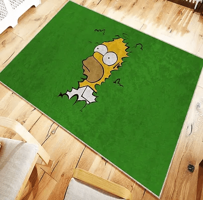Homer Simpson hiding behind trees rug on a living room or kids’ floor, featuring Homer from The Simpsons