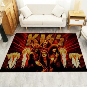 KISS rock band rug on a living room or music room floor, featuring iconic KISS logo and artwork
