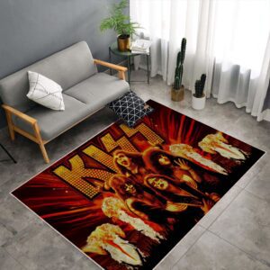KISS rock band rug on a living room or music room floor, featuring KISS band logo and artwork