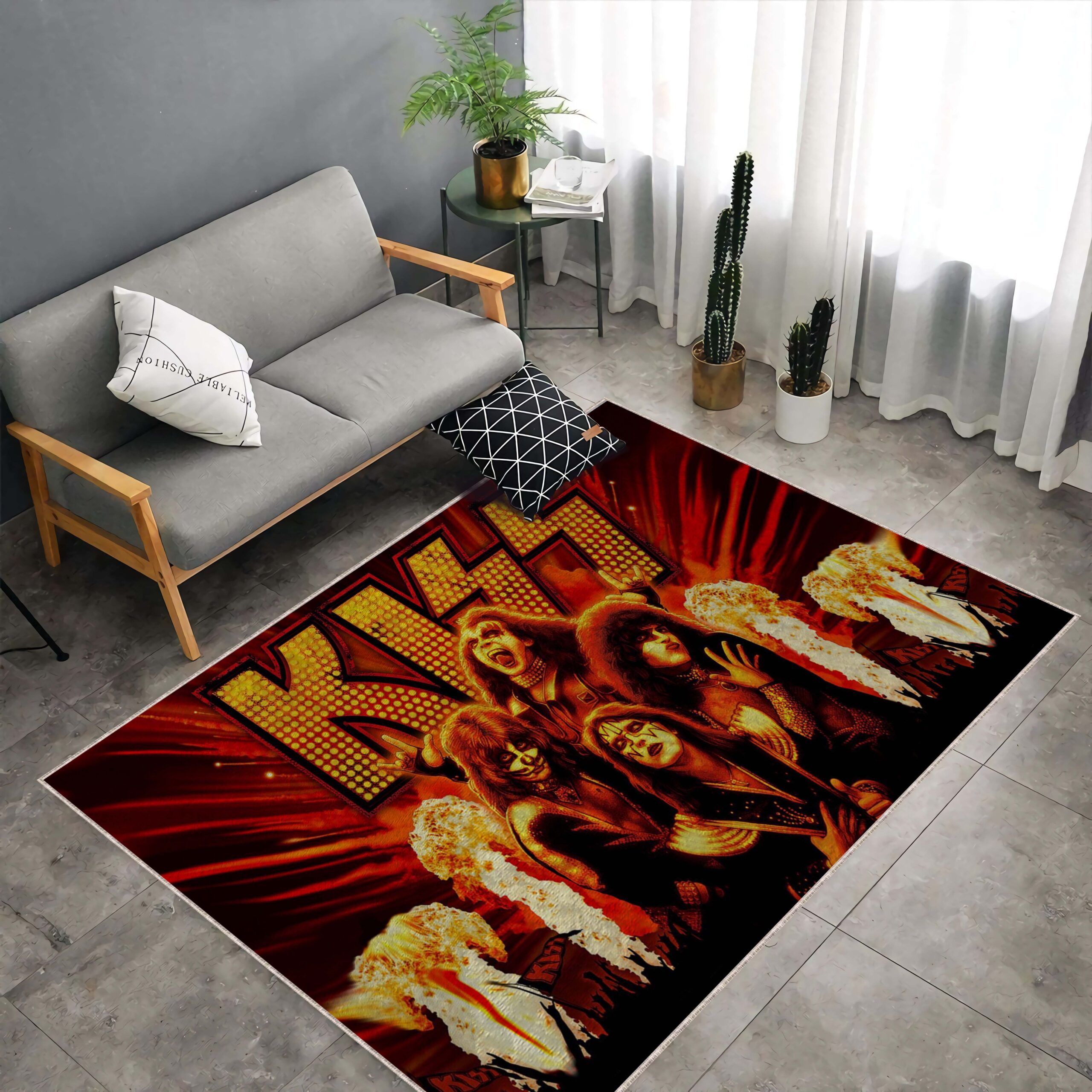 KISS rock band rug on a living room or music room floor, featuring KISS band logo and artwork