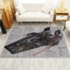 Kuat RZ-1 A-Wing rug in front of a sofa, featuring the detailed Star Wars spacecraft design
