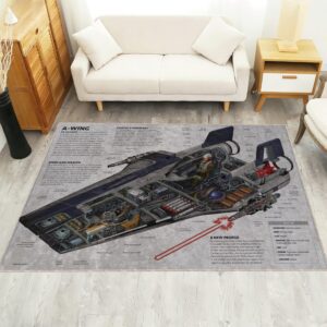 Kuat RZ-1 A-Wing rug in front of a sofa, featuring the detailed Star Wars spacecraft design