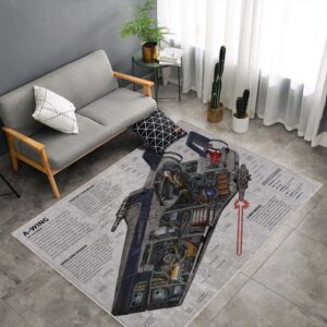 Kuat RZ-1 A-Wing Star Wars rug in front of a sofa, featuring the iconic Star Wars spacecraft design
