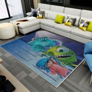 Monsters Inc animation rug on a bedroom or playroom floor, featuring Mike and Sulley characters