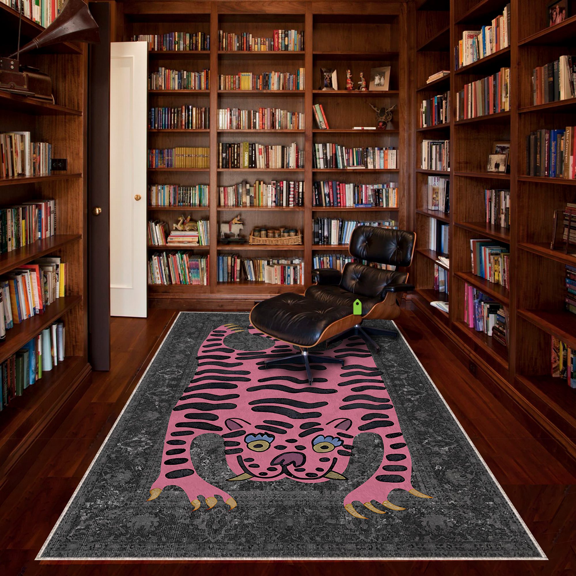 Pink Tiger rug in front of a sofa, featuring a vibrant tiger design