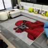 Spider-Man with a camera rug on a living room or kids’ floor, Spider-Man swinging in action