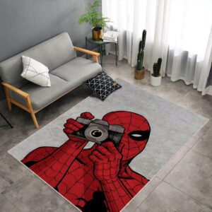 Spider-Man with a camera rug on a living room or kids’ room floor, featuring Spider-Man in action
