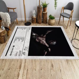 Travis Scott Utopia album song list rug on a living room , featuring track titles from the album