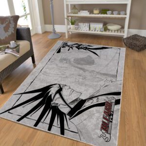 Black and white Bleach Kenpachi rug on bedroom floor – anime bedroom decor for fans