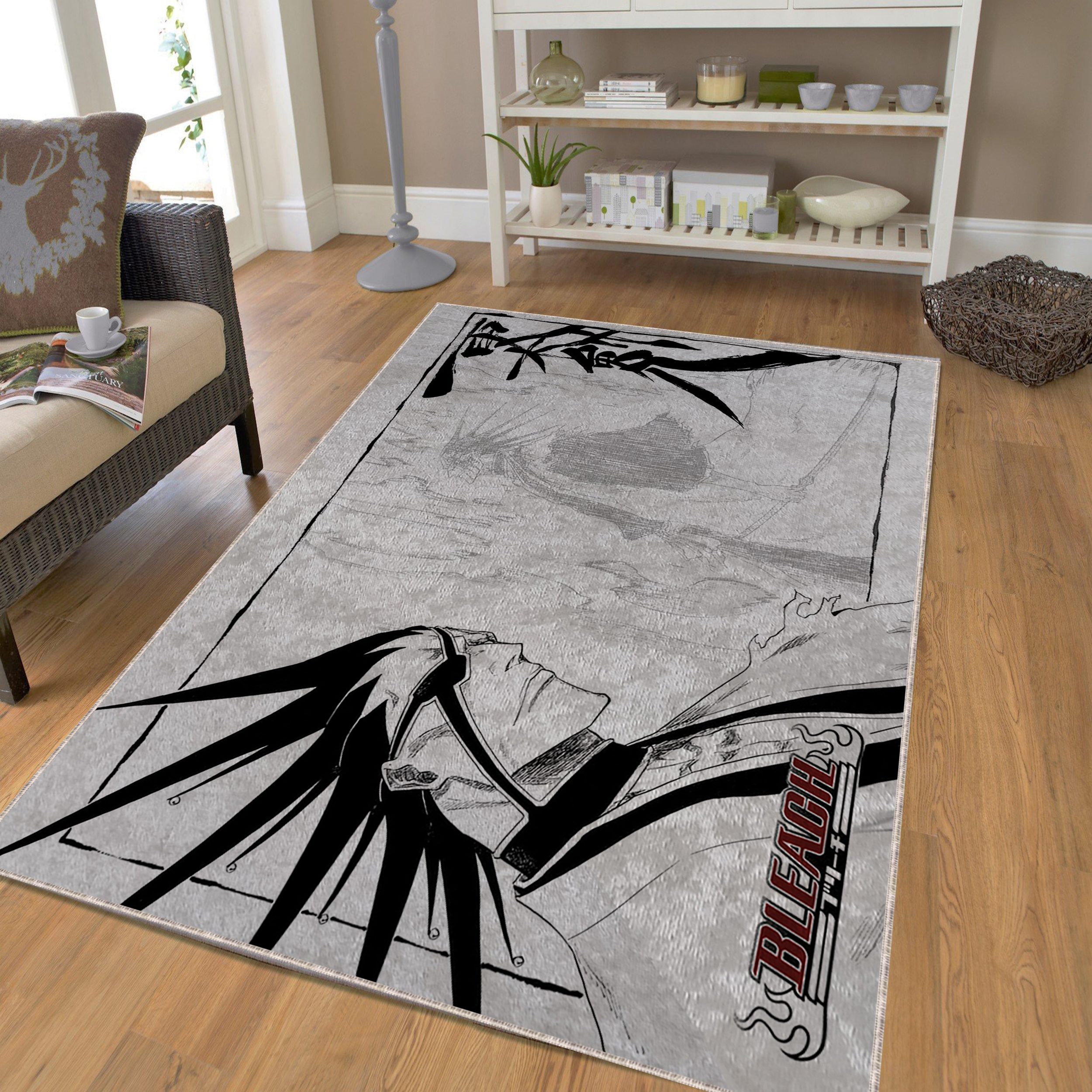 Black and white Bleach Kenpachi rug on bedroom floor – anime bedroom decor for fans