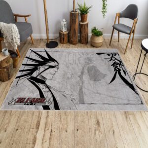 Black and white Bleach rug featuring Kenpachi design in living room – anime home decor