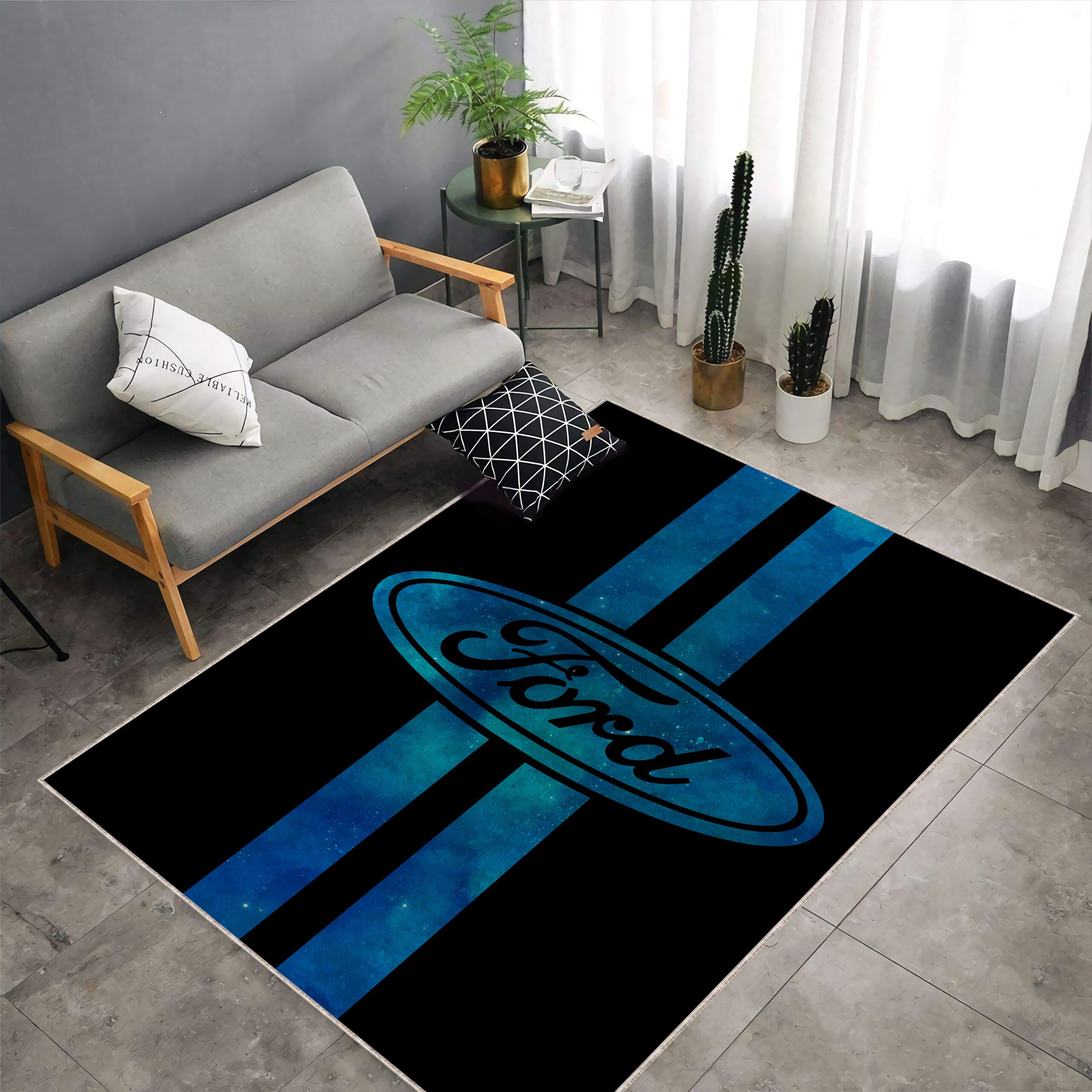 Blue-Black Ford Logo Rug displayed on living room floor – automotive-inspired home decor