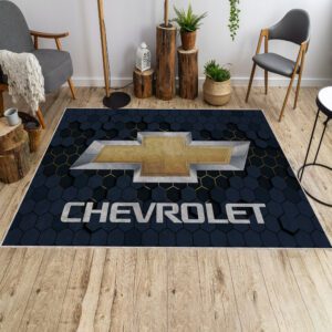 Blue Chevrolet area rug on a wooden floor