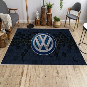 Blue Volkswagen logo rug displayed in living room – automotive decor for car enthusiasts
