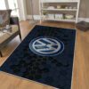Blue Volkswagen logo rug in living room – automotive home decor for garages or man caves
