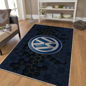 Blue Volkswagen logo rug in living room – automotive home decor for garages or man caves