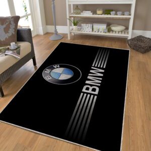 BMW logo rug in living room – automotive decor for garages, man caves, or car fans