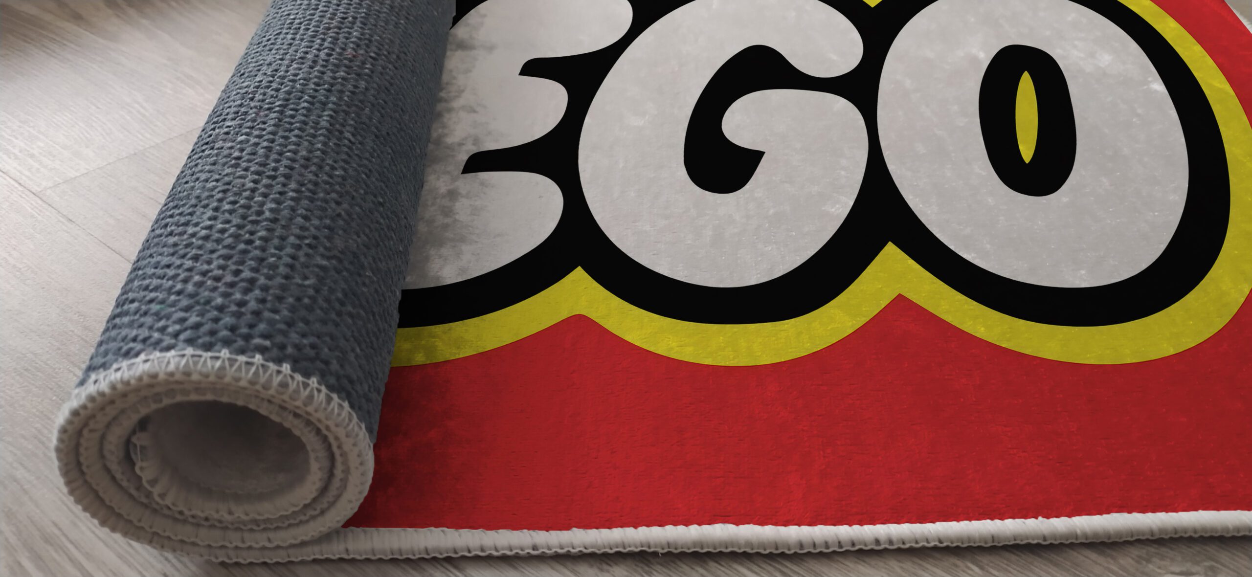 Bright red LEGO-inspired rug for kids’ playroom or bedroom