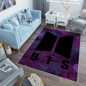 BTS logo area rug on living room floor – K-pop inspired home decor for fans