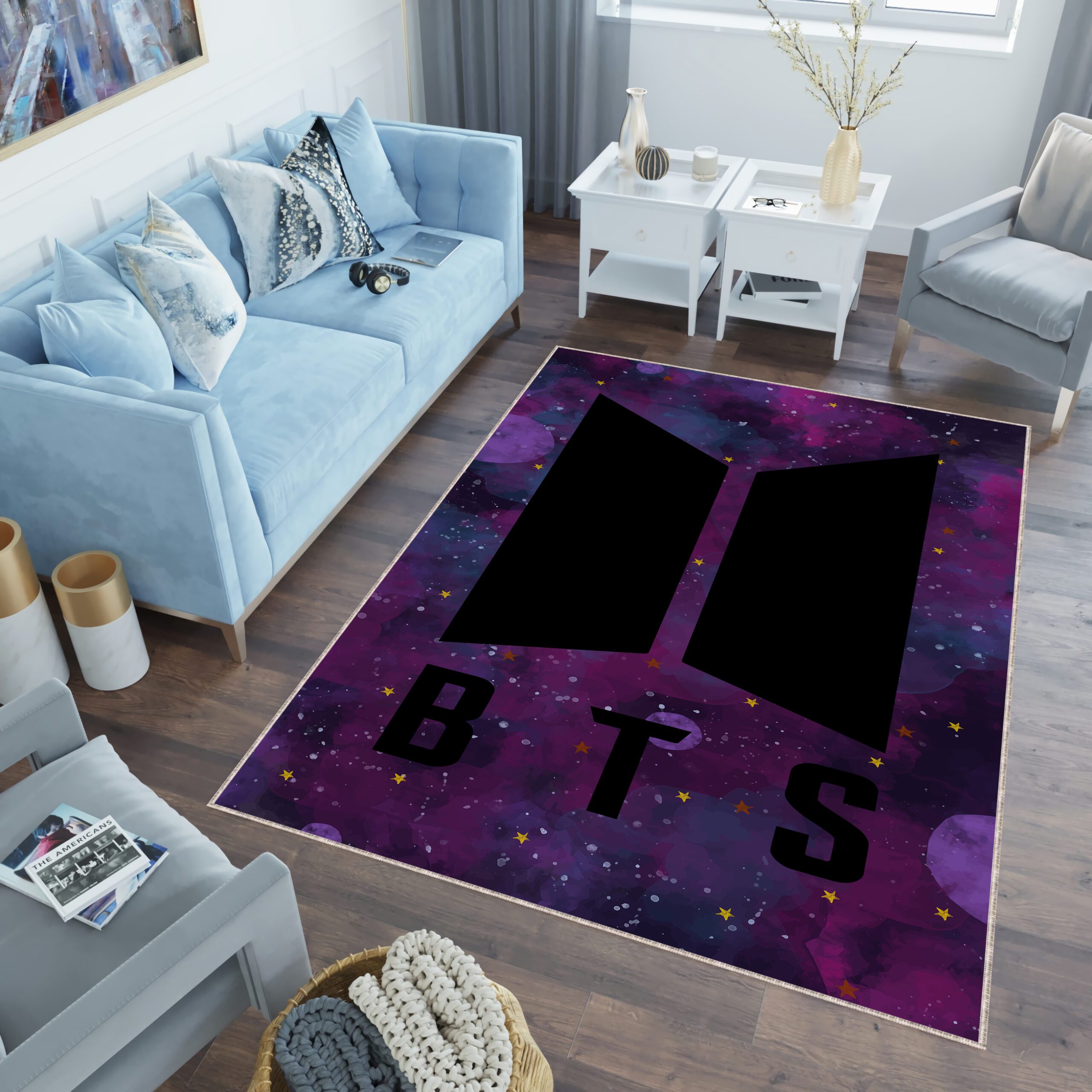 BTS logo area rug on living room floor – K-pop inspired home decor for fans