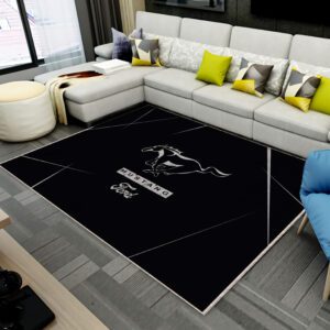 Close-up of rug featuring Ford Mustang design – car enthusiast living space decor