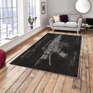 Close-up rug design featuring M16 rifle patent blueprint – tactical and firearm-inspired decor