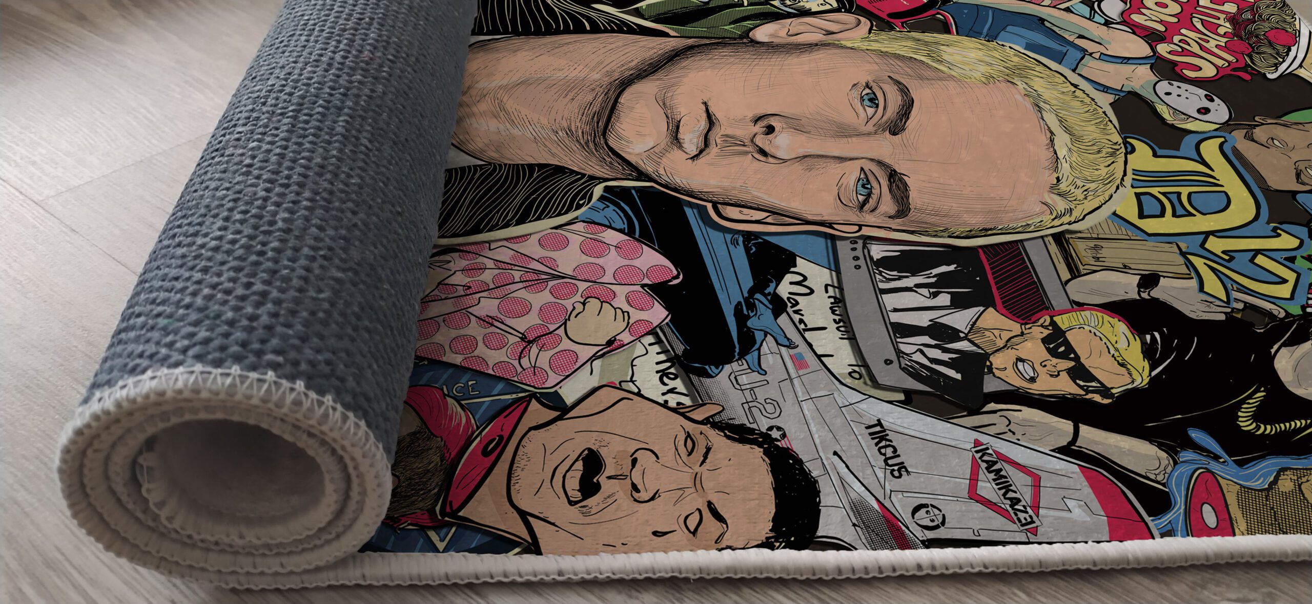 Close-up view of Eminem portrait rug, detailed rapper artwork, hip-hop music home decor