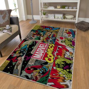 Colorful Marvel comic-themed rug for kids featuring Spider-Man, Captain America, Hulk, and Thor