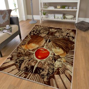 Death Note rug featuring L and Kira design displayed in living room – anime fan home decor