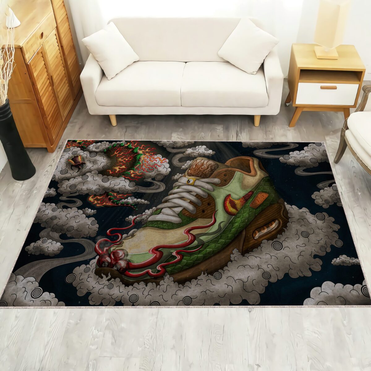 Dragon pattern sneaker art rug with vibrant colors for modern home decor