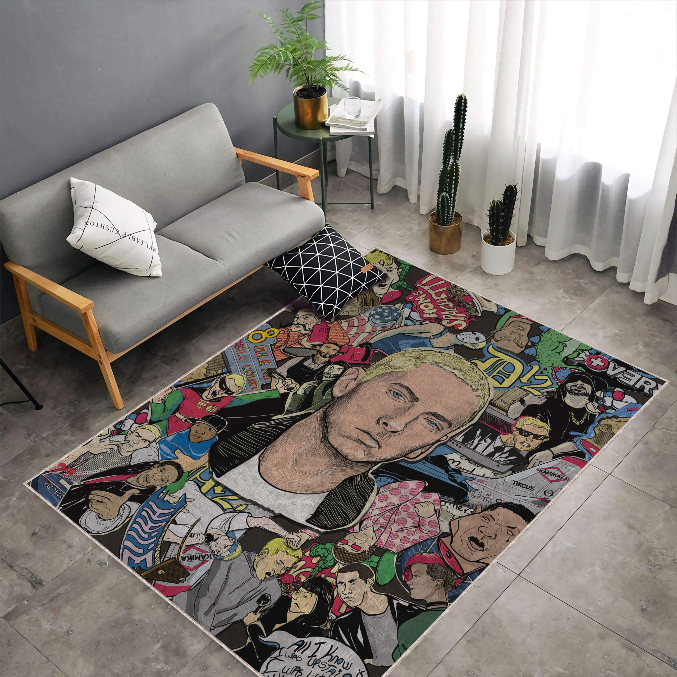 Eminem portrait rug placed on a living room floor, hip-hop music home decor, rapper artwork design
