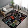 Floor rug design with famous rock and metal band logos including KISS, Guns N’ Roses, Linkin Park, AC/DC, Nirvana, Iron Maiden, and Motörhead