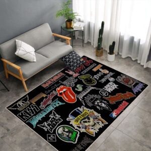 Floor rug design with famous rock and metal band logos including KISS, Guns N’ Roses, Linkin Park, AC/DC, Nirvana, Iron Maiden, and Motörhead