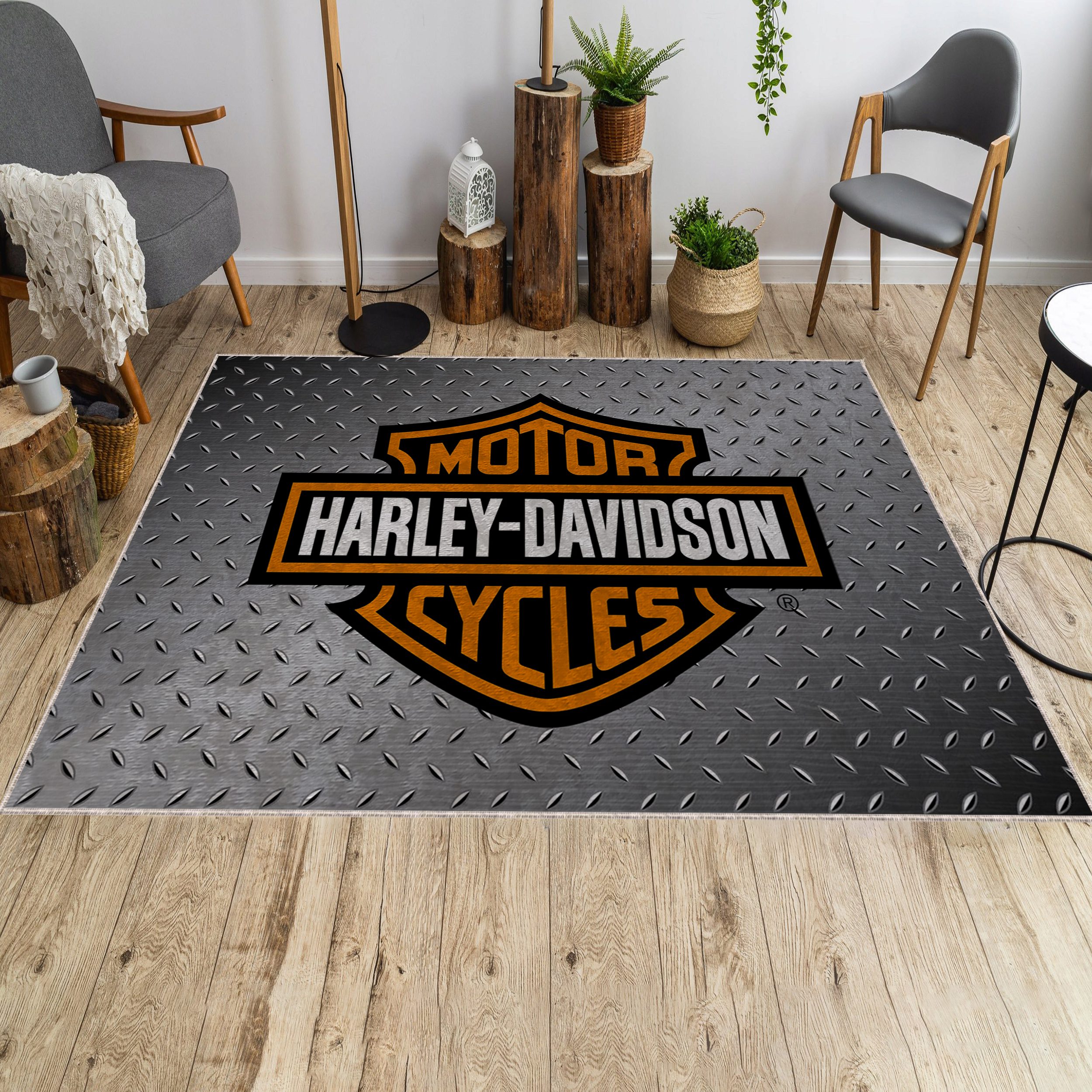 Harley-Davidson logo area rug – motorcycle-themed decor in a man cave