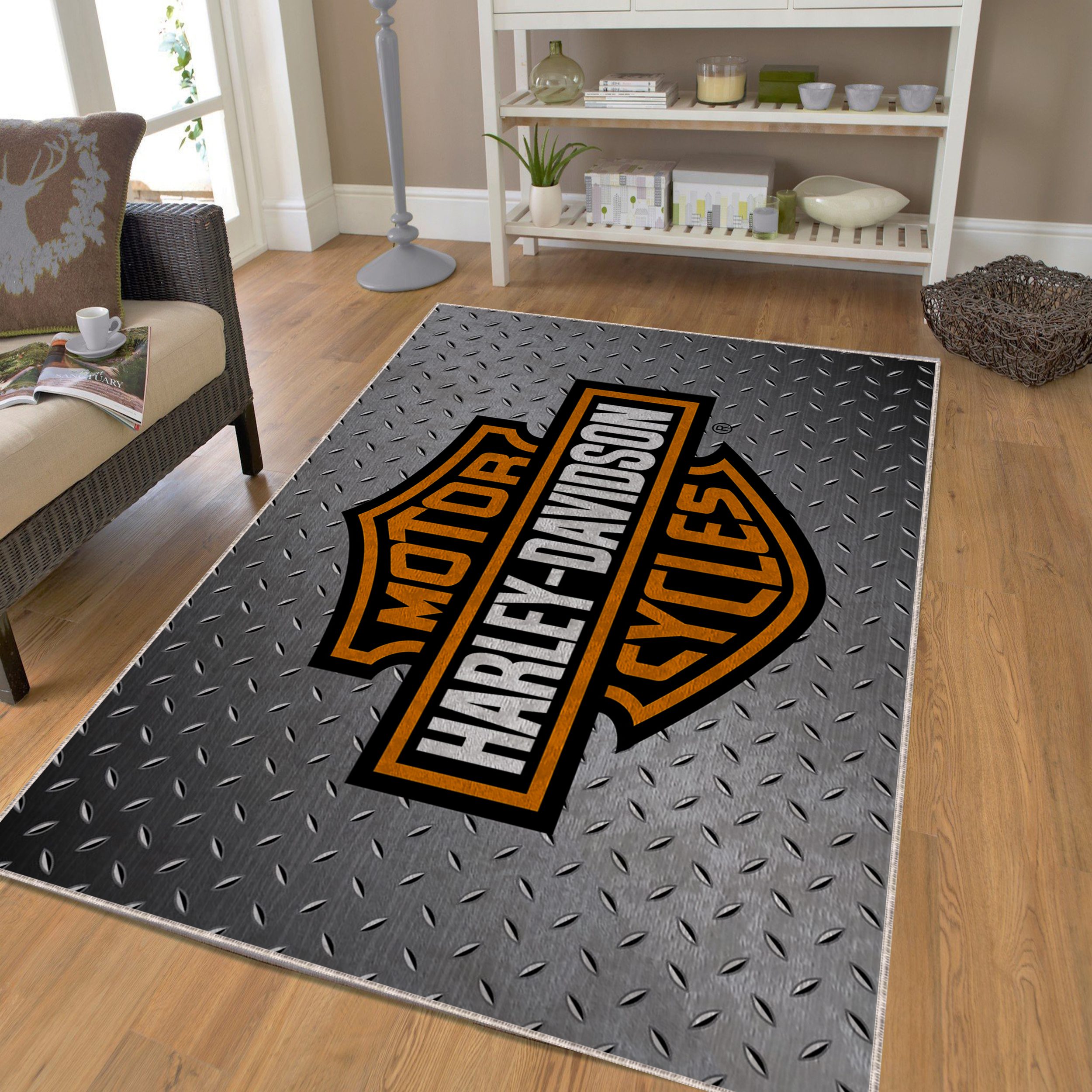 Harley-Davidson logo area rug on a floor