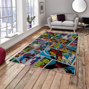 Marvel superheroes comic rug for kids featuring Spider-Man, She-Hulk, and Iron Man