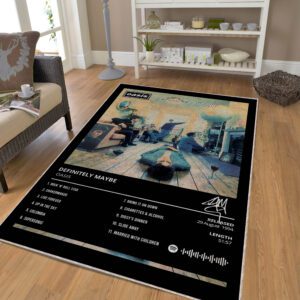 Oasis Definitely Maybe album cover rug featuring living room scene, Britpop home decor