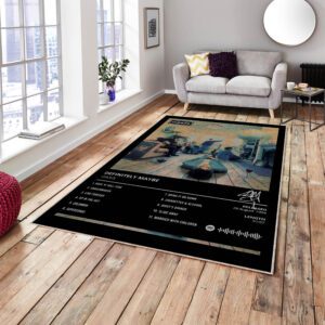 Oasis Definitely Maybe album cover rug with 90s Britpop living room artwork, rock music decor