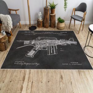 Rug featuring detailed M16 rifle patent blueprint design – firearm-inspired home decor