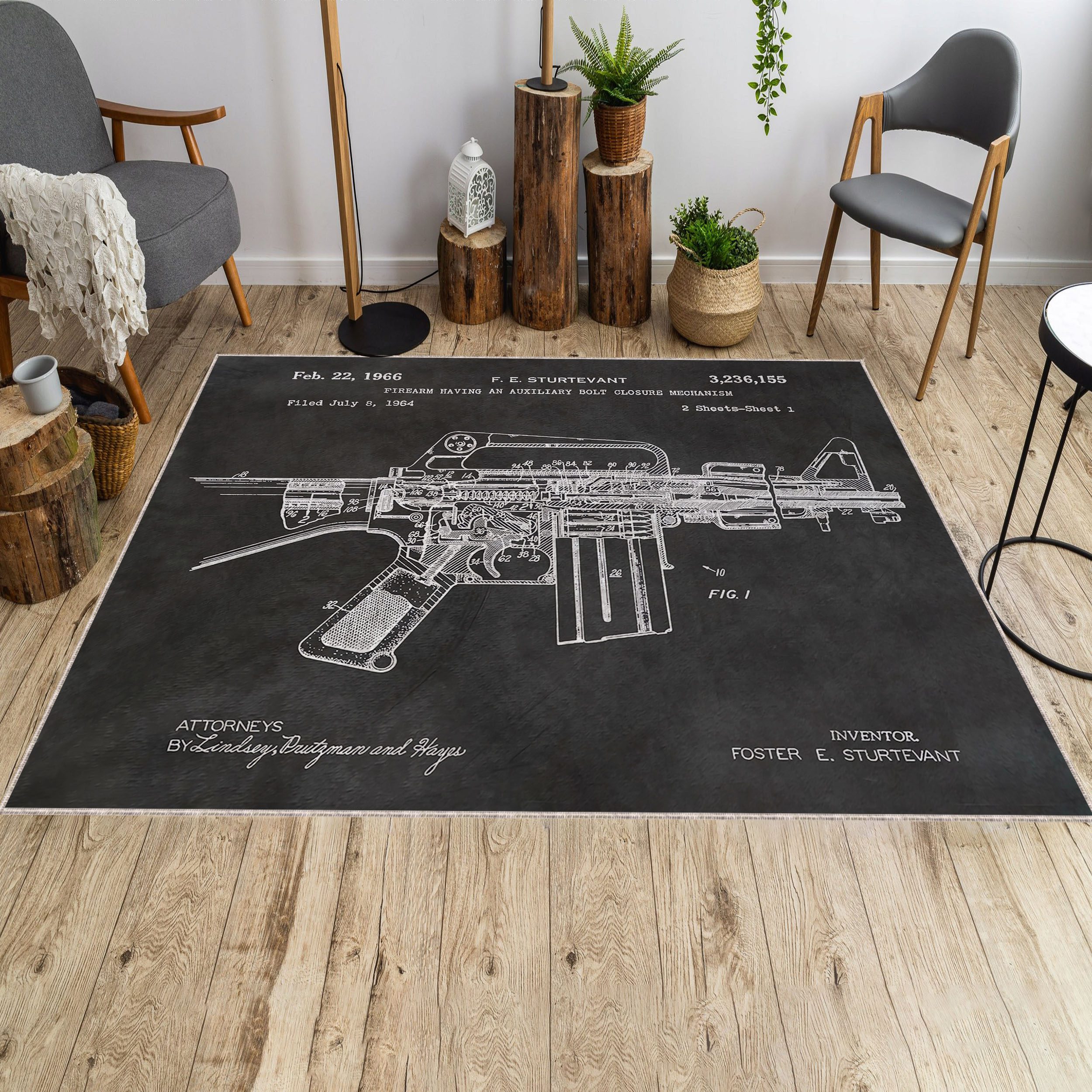 Rug featuring detailed M16 rifle patent blueprint design – firearm-inspired home decor