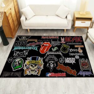 Rug featuring logos of iconic metal and rock bands: KISS, Guns N’ Roses, Linkin Park, AC/DC, Nirvana, Iron Maiden, and Motörhead in a living room